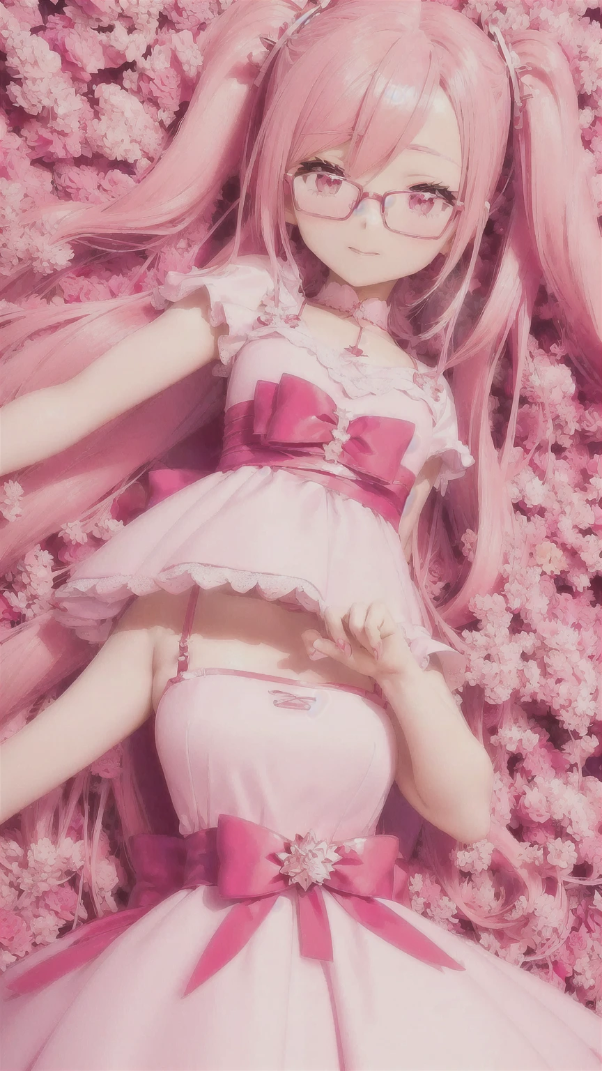 anime girl with pink hair and glasses in a red dress, anime moe artstyle, pink twintail hair and cyan eyes, my dress up darling anime, , made with anime painter studio, 8k!!, sakura petals around her, anime styled 3d, sakura kinomoto, gapmoe yandere, stylized anime, anime stylized