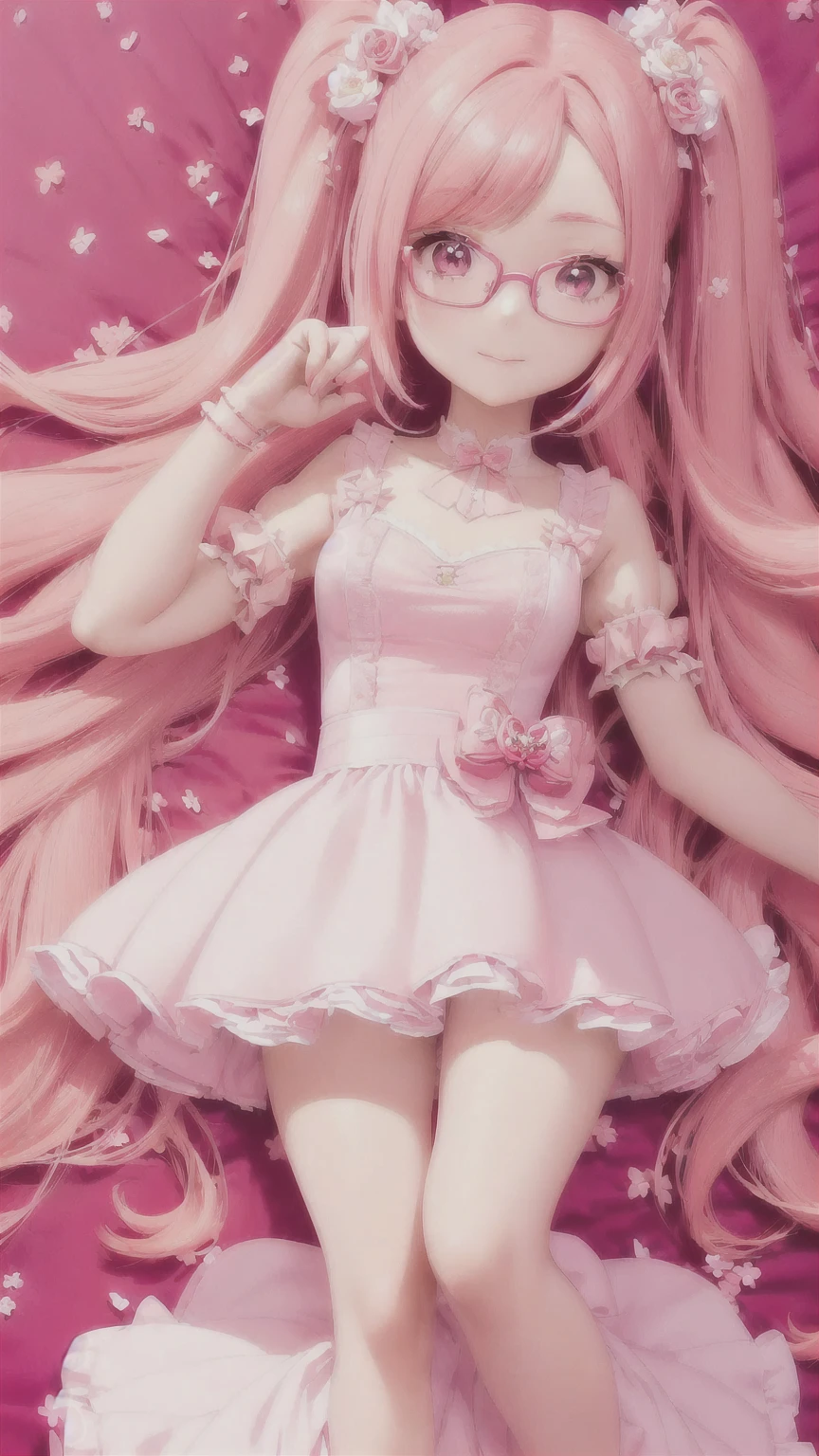 anime girl with pink hair and glasses in a red dress, anime moe artstyle, pink twintail hair and cyan eyes, my dress up darling anime, , made with anime painter studio, 8k!!, sakura petals around her, anime styled 3d, sakura kinomoto, gapmoe yandere, stylized anime, anime stylized
