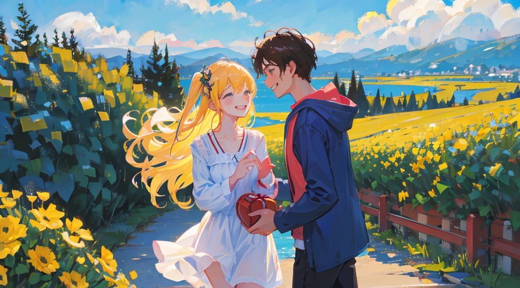 landscape of a cheerful happy couple, with heart gift, in a city, smiling
