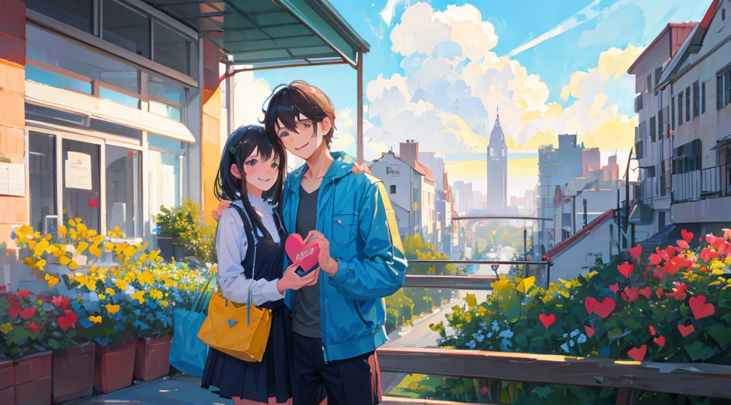 landscape of a cheerful happy couple, with heart gift, in a city, smiling