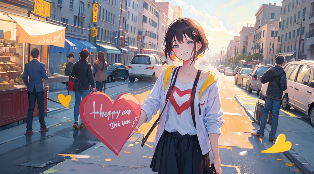 landscape of a cheerful happy couple, with heart gift, in a city, smiling