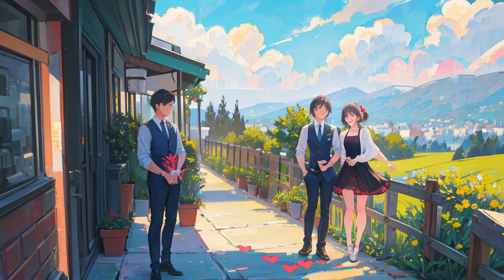 landscape of a cheerful happy couple, with heart gift, in a city, smiling
