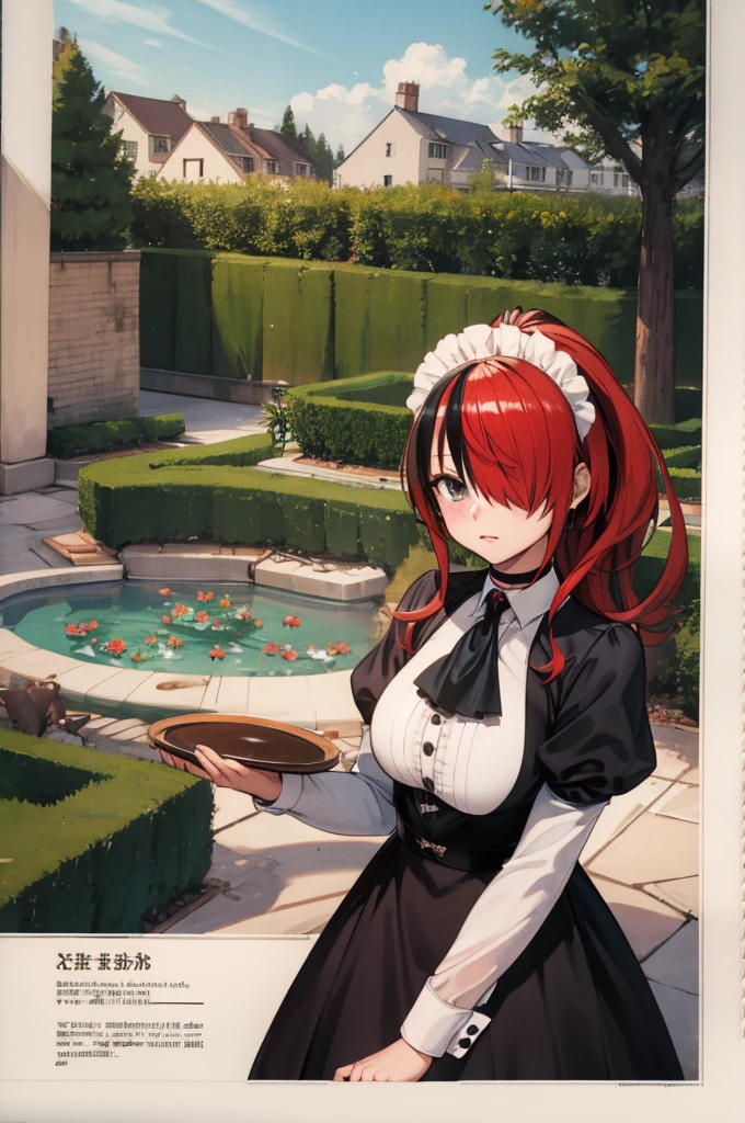 masterpiece, best quality, highres, hmlain, long hair, ponytail, streaked hair, hair over one eye, maid headdress, ear piercing, large breasts, black choker, frills, maid, black ascot, black dress, long sleeves, puffy sleeves, white apron, maid apron, black pantyhose, garden, standing, holding tray, coffee, table,