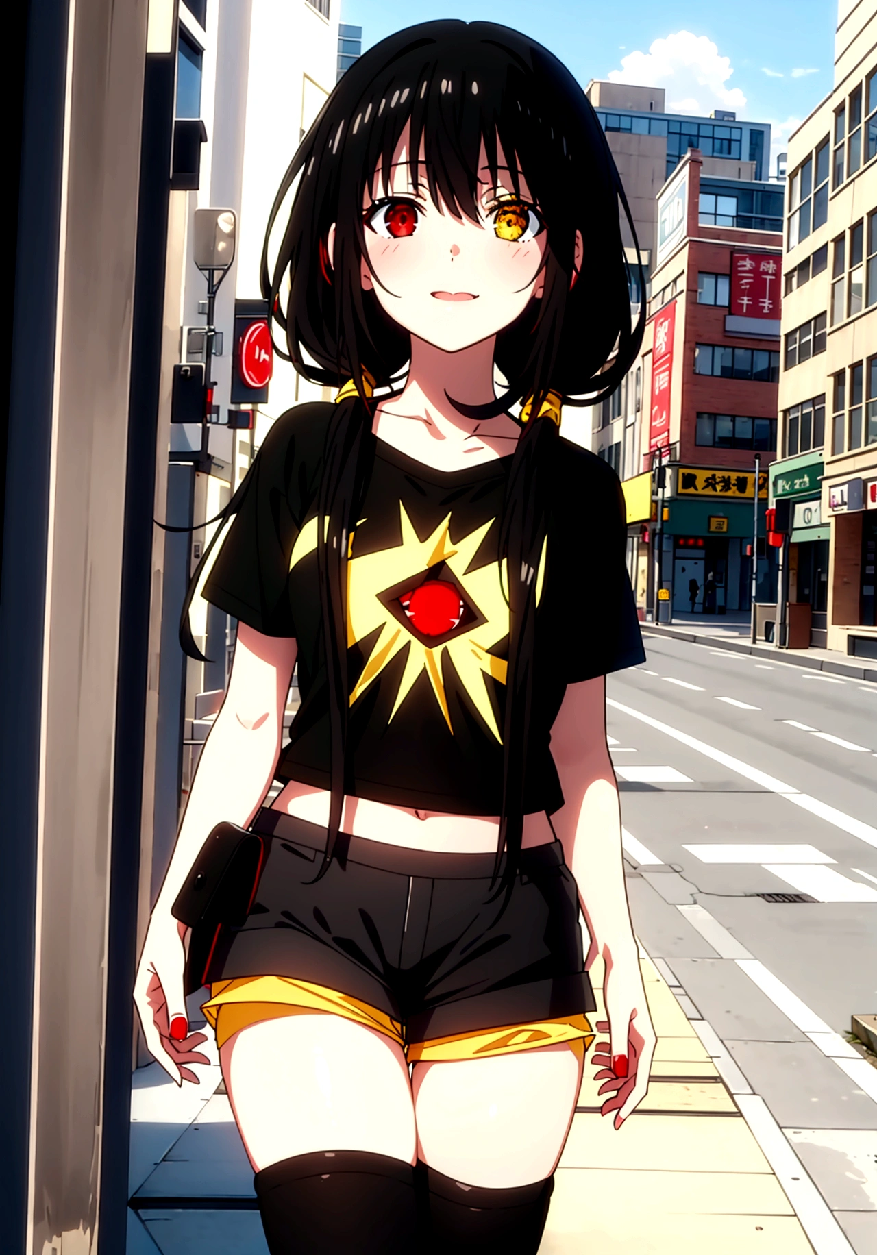 ultra-detailed,highly detailed,best quality,masterpiece,illustration, 
1girl, ((tokisaki kurumi)), cosplay, hair over one eye, ((right red eye, left yellow eye)), looking at viewer, happy girl, low twintails, ((t-shirts)), (((black hotpants))), hair rings, loafers,
(Outdoors) , walking, beach
