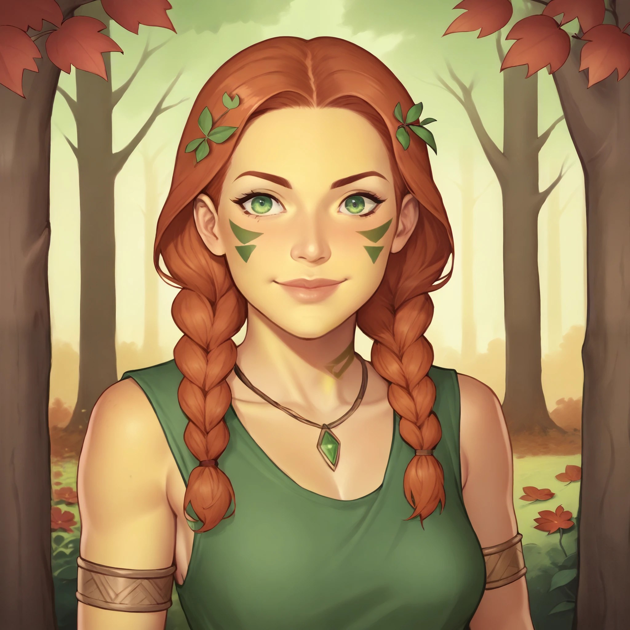 (((beautiful, high quality, perfect eyes, comics style, semi-realistic, detailed face))), bust shoot, score_9, score_8_up, score_7_up, | solo, 1 woman, skinny, 19 years old, ((pale yellow skin)), high cheekbones, perfect round mint green eyes, (wood nymph), light green facepaint, facial mark, tribal, wear a sleeveless dress, straw color dress, autumn leaves covered dress, druid necklace, druid armlet, long ginger hair, twin braids, two long braids, (many red flowers on hair), shy smile, (((action pose))), | outdoor, fantasy background, autumn, boreal forest, insects, wind blowing, easynegative, JIM EIDOMODE, Dungeons and Dragons 5th edition style illustration,