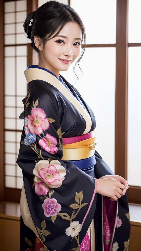 (Super beautiful woman in kimono)、((highest quality、8K masterpiece:1.3))、sharp focus:1.2、(super beautiful face:1.0)、(shiny skin:1.0)、realistic pictures、black hair、video lighting、High resolution eyes and face、video lighting、japanese actress、from the front、with a happy smile、whole body、wearing a kimono、in Kyoto、(luxury obi)、with a fan