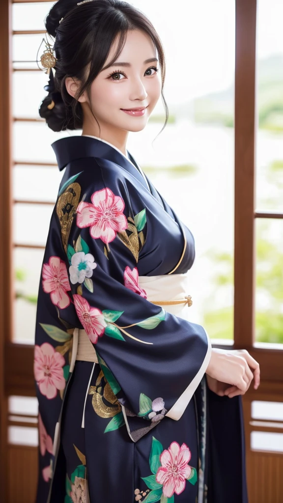 (Super beautiful woman in kimono)、((highest quality、8K masterpiece:1.3))、sharp focus:1.2、(super beautiful face:1.0)、(shiny skin:1.0)、realistic pictures、black hair、video lighting、High resolution eyes and face、video lighting、japanese actress、from the front、with a happy smile、whole body、wearing a kimono、in Kyoto、(luxury obi)、with a fan