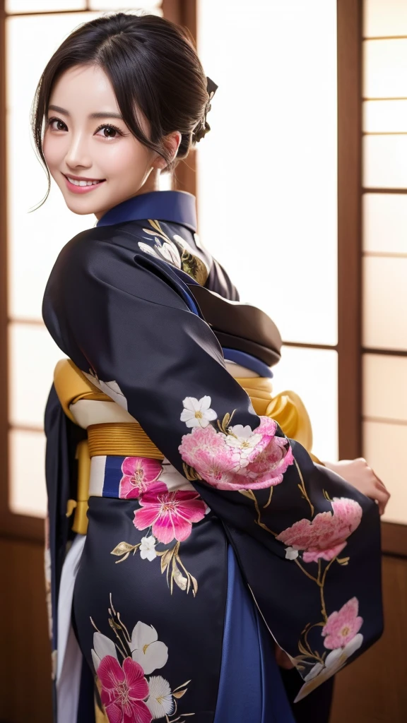 (Super beautiful woman in kimono)、((highest quality、8K masterpiece:1.3))、sharp focus:1.2、(super beautiful face:1.0)、(shiny skin:1.0)、realistic pictures、black hair、video lighting、High resolution eyes and face、video lighting、japanese actress、from the front、with a happy smile、whole body、wearing a kimono、in Kyoto、(luxury obi)、with a fan