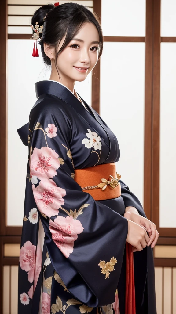 (Super beautiful woman in kimono)、((highest quality、8K masterpiece:1.3))、sharp focus:1.2、(super beautiful face:1.0)、(shiny skin:1.0)、realistic pictures、black hair、video lighting、High resolution eyes and face、video lighting、japanese actress、from the front、with a happy smile、whole body、wearing a kimono、in Kyoto、(luxury obi)、with a fan