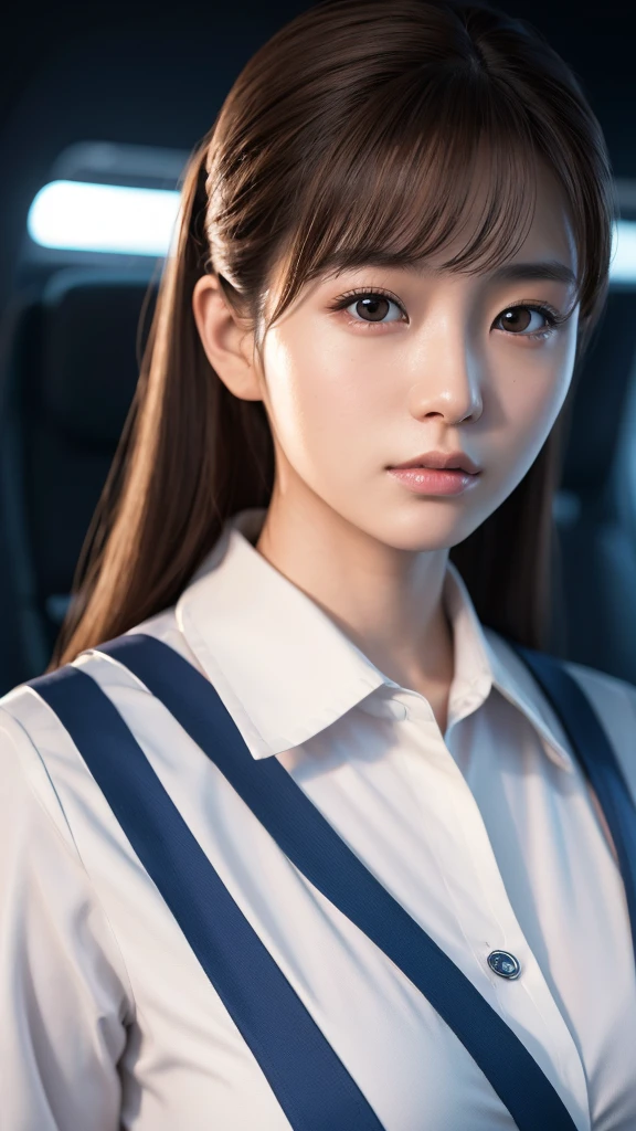 A beautiful young Japanese woman, around 20 years old, wearing a stewardess uniform, ultra-detailed, 8K resolution, highly realistic, cinematic lighting, best quality, masterpiece, photorealistic, physically-based rendering, extremely detailed, vivid colors, professional, sharp focus, studio lighting