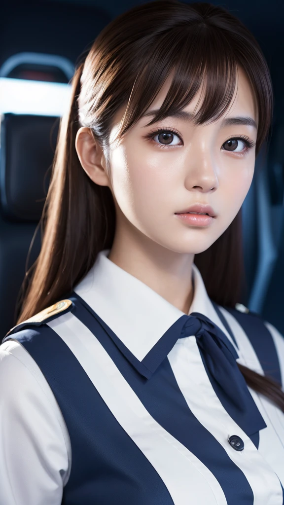 A beautiful young Japanese woman, around 20 years old, wearing a stewardess uniform, ultra-detailed, 8K resolution, highly realistic, cinematic lighting, best quality, masterpiece, photorealistic, physically-based rendering, extremely detailed, vivid colors, professional, sharp focus, studio lighting