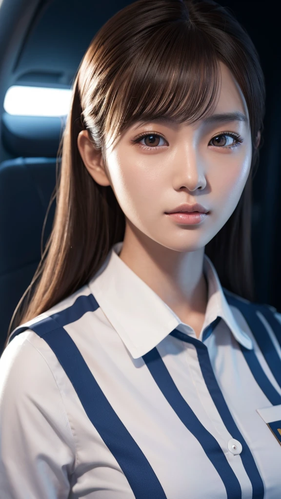 A beautiful young Japanese woman, around 20 years old, wearing a stewardess uniform, ultra-detailed, 8K resolution, highly realistic, cinematic lighting, best quality, masterpiece, photorealistic, physically-based rendering, extremely detailed, vivid colors, professional, sharp focus, studio lighting