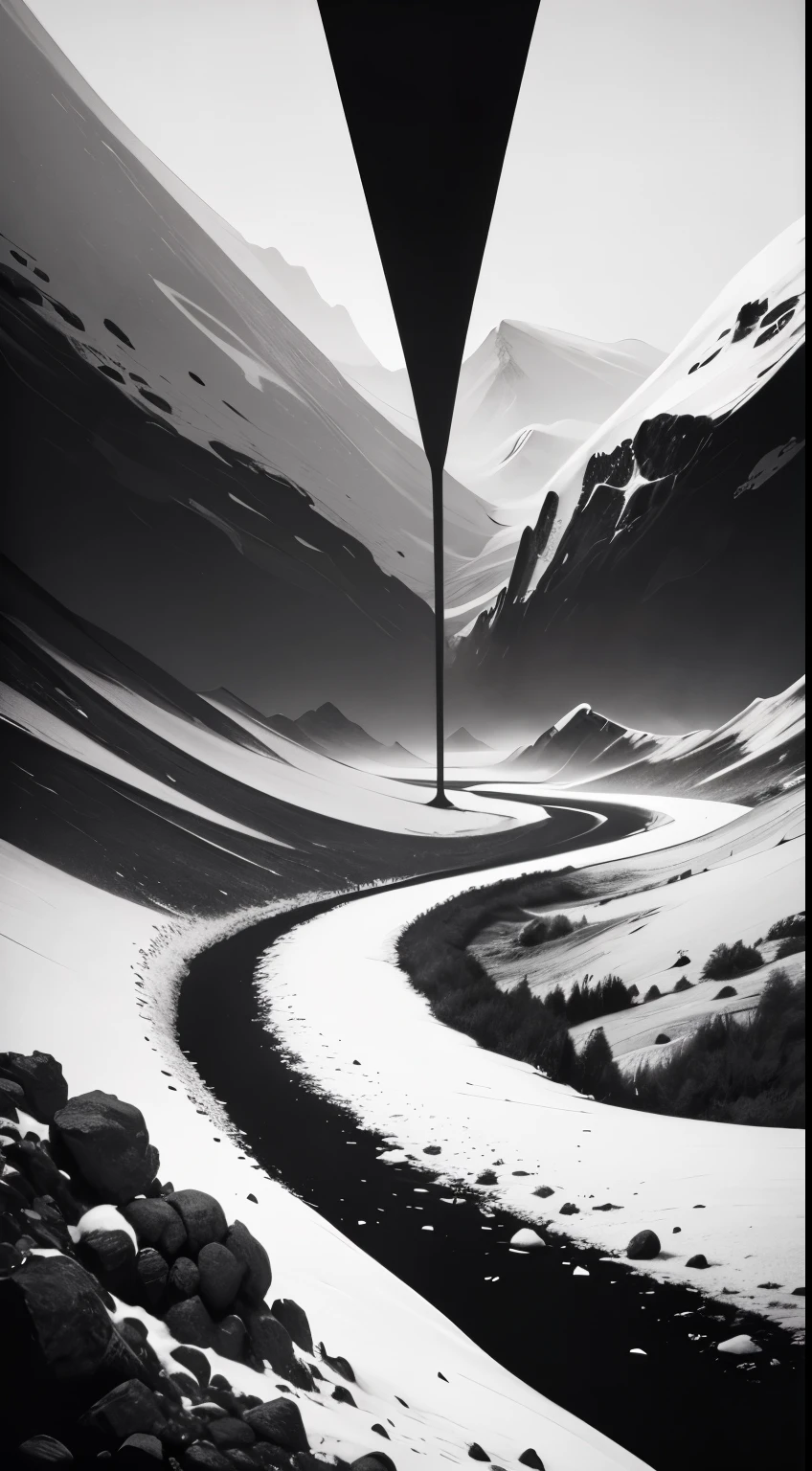 Winter bustle,Minimalist black and white poster,Abstract Art,Apocalyptic landscape,Award-winning works,Award-winning
