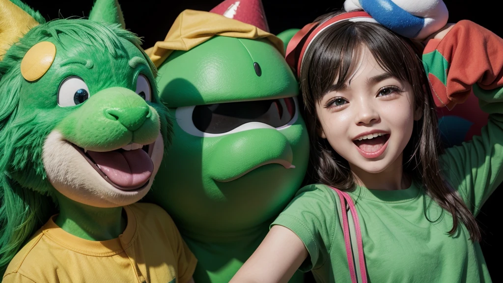 create a 3d party with a mascot face and a green chromakey background