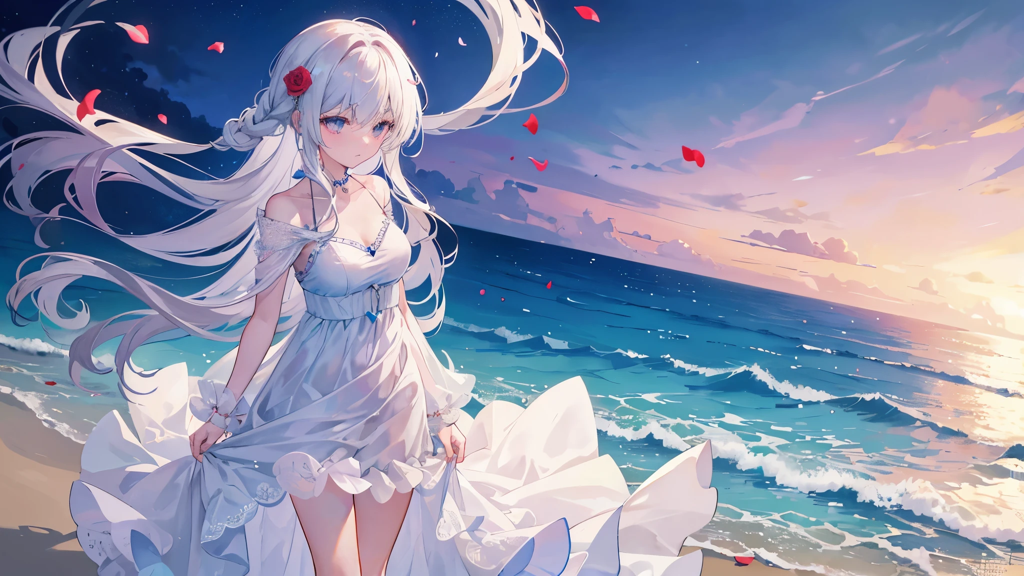 An anime girl standing on a lonely beach at night, under the soft light of the moon. She looks out over the calm sea, reflecting on the broken promises and shattered memories of a past relationship. Her expression is a mix of sadness and determination, symbolizing her journey from heartache to healing. She is dressed in a flowing dress that moves gently with the breeze, and around her, the sand is dotted with fragments that symbolize her past: a broken locket, torn letters, and scattered rose petals. The waves gently lap at the shore, symbolizing the passage of time and the hope of a new beginning. The overall scene is one of introspection and quiet strength, with the serene beach and moonlit sky creating a peaceful yet poignant atmosphere.