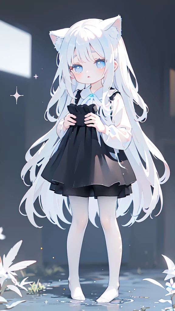 beautiful girl,Cat ear,Long white hair,Light blue eyes,cute, young, Wearing only black pantyhose,No clothes,sleeping,Big Eyes,Embarrassing,1 person,The background is a starry sky,beautiful girlのみ,Are standing,No shoes,Red cheeks,Shiny and delicate eyes,