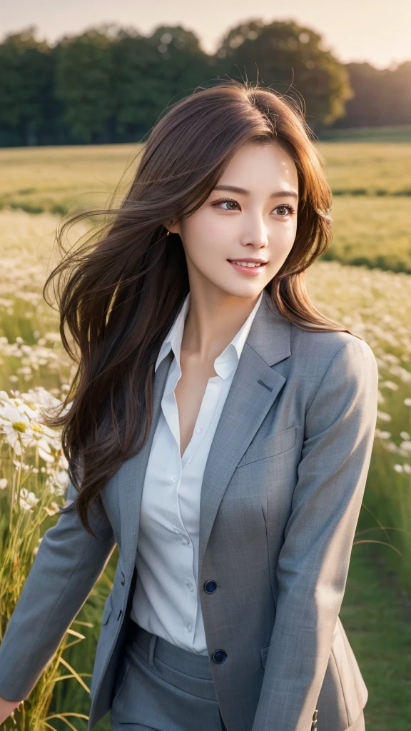 highest quality、genuine、Super detailed、finely、High resolution、8k wallpaper、one beautiful woman、、、light brown disheveled hair、wearing a business suit、sharp focus、perfect dynamic composition、beautiful and detailed eyes、thin hair、Detailed genuine skin texture、smile、model body shape、In a windswept meadow