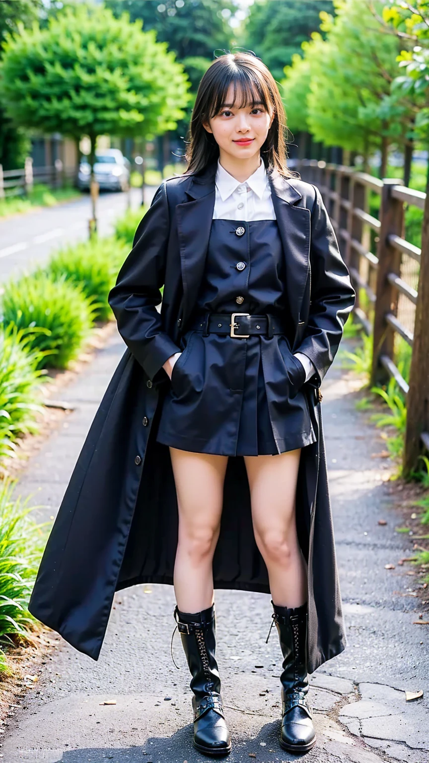 (8K、RAW Photos、Highest quality、masterpiece:1.2)、(Realistic、Realistic)、1 Girl、((black long coat、Black mini skirt、smile、Thin legs、whole body、boots、one piece、garden、View from the front、Looking into the camera、belt、Stand with hands on hips))、cute