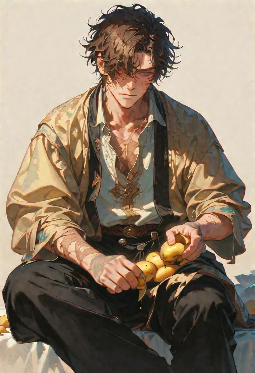 style 9, a man with brown hair cut low, a large scar on the right side of his face up to his eye, the left eye is Honey and the right eye is apocalyptic old clothes, sitting peeling potatoes