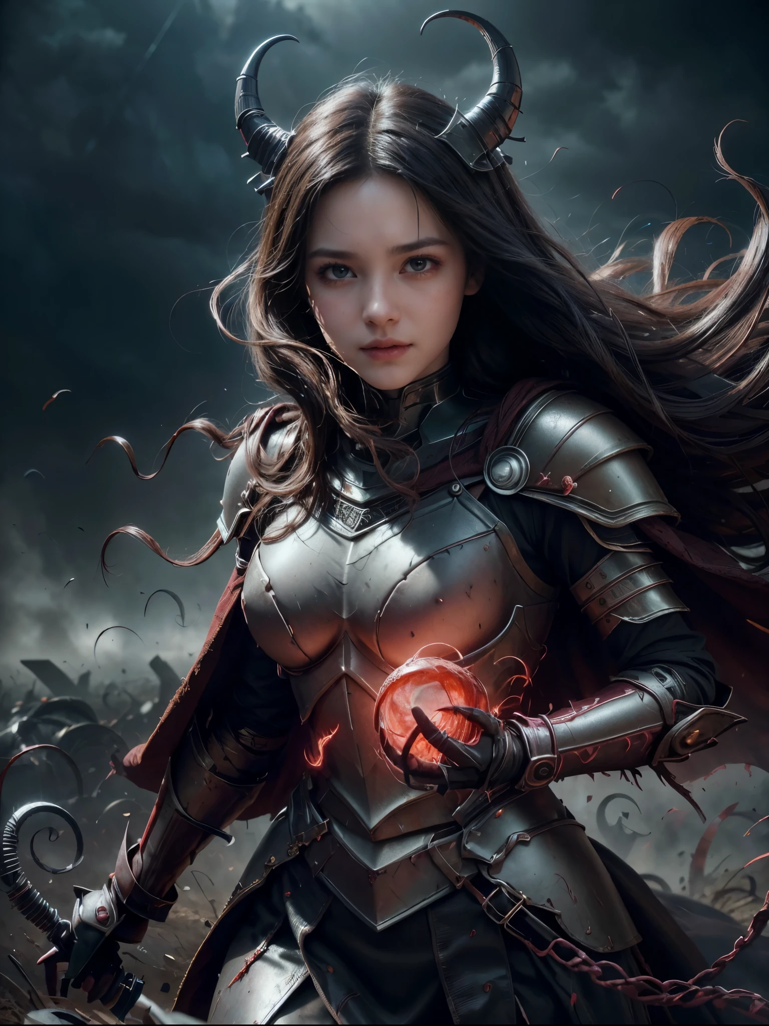 photograph of a dark-haired woman with curls tousled by the wind, intertwined hair, (Battlefield, war, blood, medieval battle, medieval warfield, earth, dust, dust in the wind, stained with blood, face stained with blood, armor stained with blood), deep neckline, full skirt flying in the wind, like a flame against the twilight sky., radiating unrestrained beauty, small breasts, ( Wearing black metallic war armor with red line details and black metallic scales, female war armor is, Armor with torn black cape, cape, helmet, helmet on the head), a big smile on her face. 1 solo, Style: portrait, blurred background f1.2, full HD resolution, 8k, Dark vignette at the edges, cinematic effect with soft shadows and light and shadow curve at -10, best quality, professional realistic, detailed eye, double eyelid, brighten skin, real hair, realistic skin texture, Masterpiece texture, realistic clothing texture, perfect face and body, Never show hands, hidden hands, blurred hands.