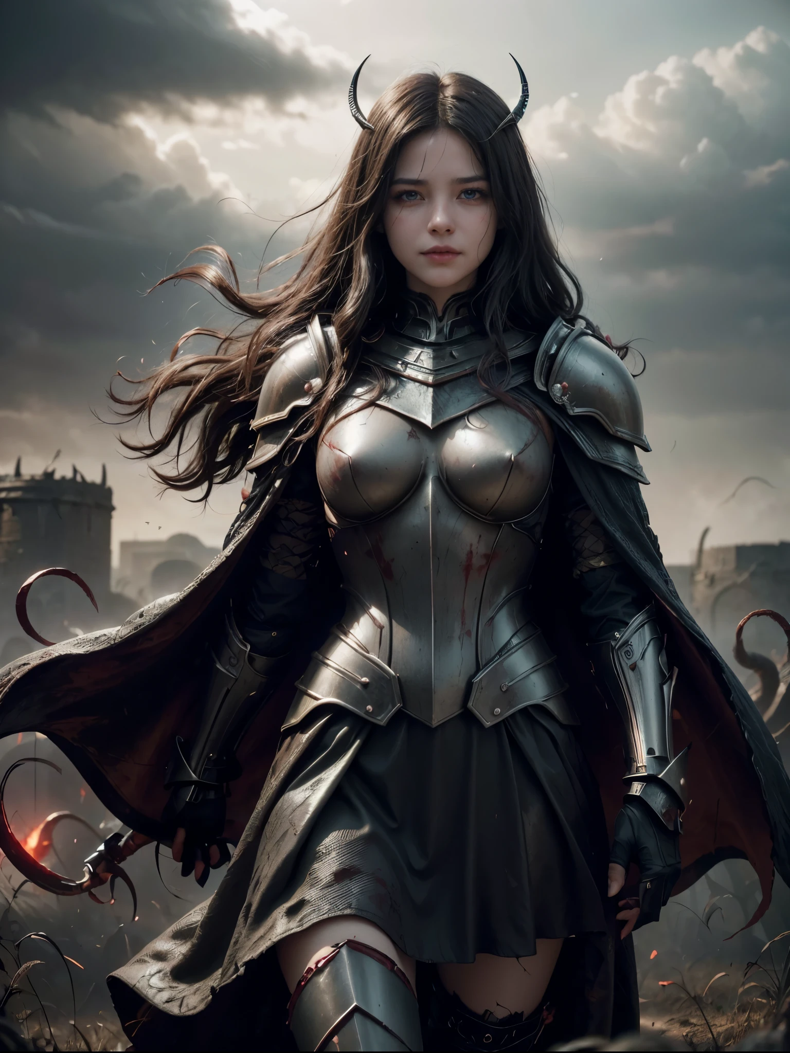 photograph of a dark-haired woman with curls tousled by the wind, intertwined hair, (Battlefield, war, blood, medieval battle, medieval warfield, earth, dust, dust in the wind, stained with blood, face stained with blood, armor stained with blood), deep neckline, full skirt flying in the wind, like a flame against the twilight sky., radiating unrestrained beauty, small breasts, ( Wearing black metallic war armor with red line details and black metallic scales, female war armor is, Armor with torn black cape, cape, helmet, helmet on the head), a big smile on her face. 1 solo, Style: portrait, blurred background f1.2, full HD resolution, 8k, Dark vignette at the edges, cinematic effect with soft shadows and light and shadow curve at -10, best quality, professional realistic, detailed eye, double eyelid, brighten skin, real hair, realistic skin texture, Masterpiece texture, realistic clothing texture, perfect face and body, Never show hands, hidden hands, blurred hands. 