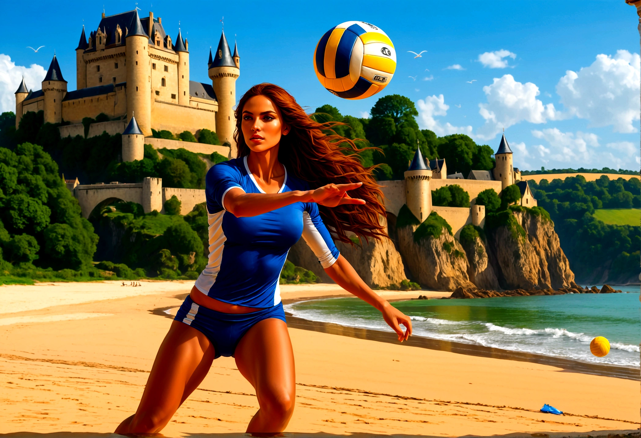 a masterful digital art painting of long woman playing volley ball on an on coast of the Loir river, an extraordinary beautiful renaissance woman, long hair, wavy hair, dynamic hair color, dynamic eye color, playing volley ball in a beautiful beach on the Loir river, best detailed face, a French medieval castle on the river bank in the background, Ultra-high resolution, High Contrast, (masterpiece:1.5), highest quality, Best aesthetics), best details, best quality, highres, 16k, [ultra detailed], masterpiece, best quality, (extremely detailed), Intense gaze, chumbasket art style, 