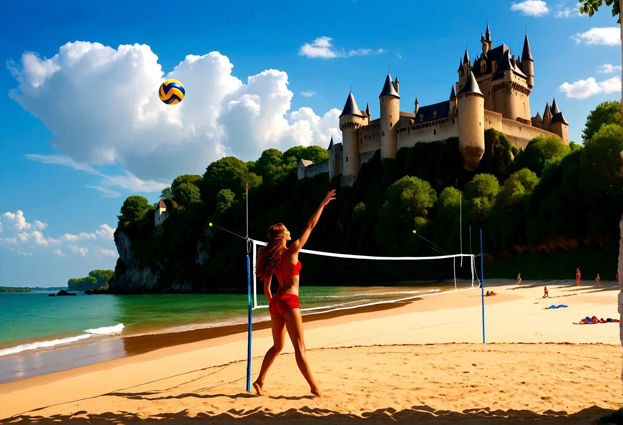 a masterful digital art painting of long woman playing volley ball on an on coast of the Loir river, an extraordinary beautiful renaissance woman, long hair, wavy hair, dynamic hair color, dynamic eye color, playing volley ball in a beautiful beach on the Loir river, best detailed face, a French medieval castle on the river bank in the background, Ultra-high resolution, High Contrast, (masterpiece:1.5), highest quality, Best aesthetics), best details, best quality, highres, 16k, [ultra detailed], masterpiece, best quality, (extremely detailed), Intense gaze, chumbasket art style, 