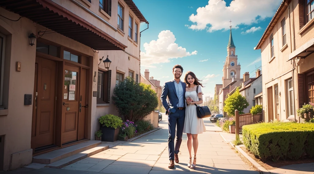 landscape of a cheerful happy couple, with heart gift, in a city, smiling