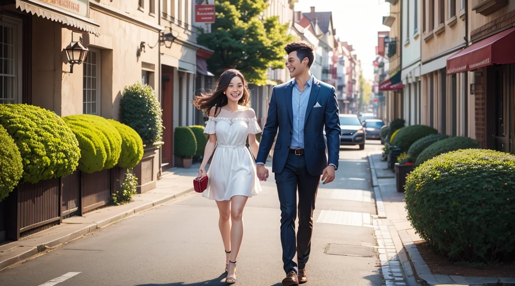 landscape of a cheerful happy couple, with heart gift, in a city, smiling