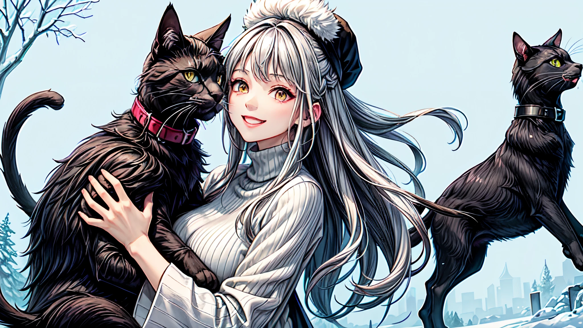 In the midst of snow right,((a fluffy large black cat)), and a girl wearing ((a long coat made of full silver fox fur )), cuddle together for warmth The girl's long pink hair can be seen peeking out from under her fluffy fur hat. The sleeves, collar, and hem of the coat reveal glimpses of a turtleneck mohair sweaterdress.(( The girl smiles brightly)),