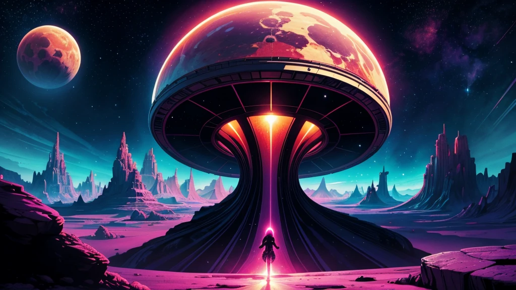 Create a dazzling alien world in the style of 1950s-70s comic book art. Use bold outlines, halftone patterns, and exaggerated perspective. Employ intense, saturated colors reminiscent of vintage four-color printing. Choose ONE of these elements:
-A gleaming futuristic city with impossible architecture and flying vehicles
-Bizarre, tentacled monsters with multiple eyes and otherworldly appendages
-A desolate, crater-filled landscape with twin moons in the sky
-Retro space girls in sleek silver suits and bubble helmets
-A massive, ring-shaped space station orbiting a technicolor planet
-Crystal formations and alien plant life in neon hues
Maintain a psychedelic, otherworldly atmosphere with swirling, colorful skies and strange celestial bodies. Emphasize the contrast between light and shadow to create a dramatic, pulp sci-fi feel.
