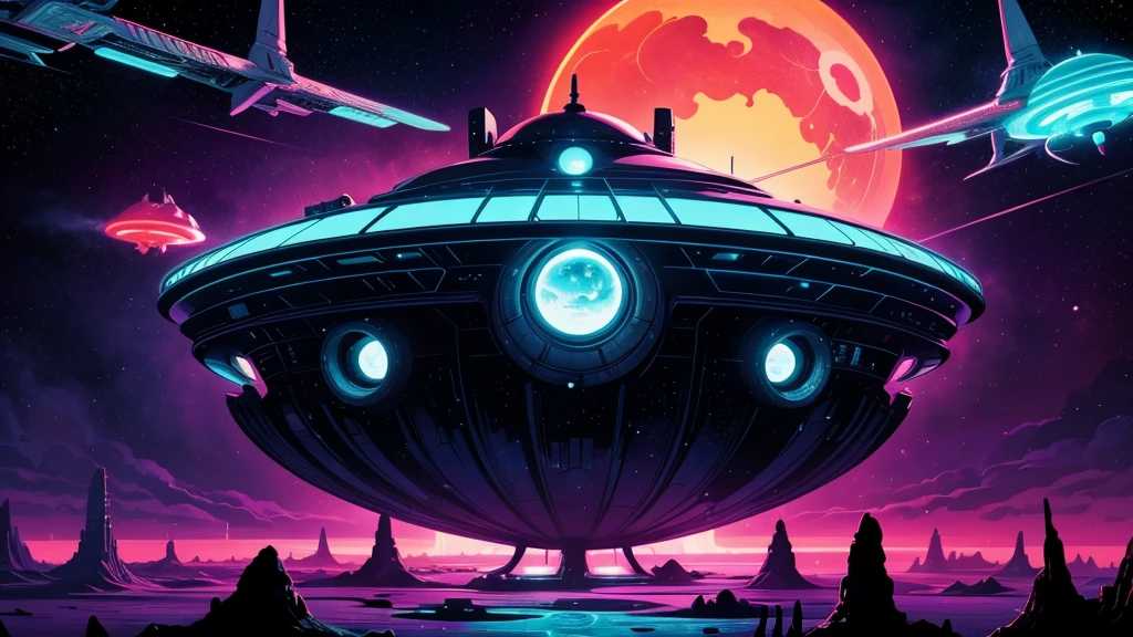 Create a dazzling alien world in the style of 1950s-70s comic book art. Use bold outlines, halftone patterns, and exaggerated perspective. Employ intense, saturated colors reminiscent of vintage four-color printing. Choose ONE of these elements:
-A gleaming futuristic city with impossible architecture and flying vehicles
-Bizarre, tentacled monsters with multiple eyes and otherworldly appendages
-A desolate, crater-filled landscape with twin moons in the sky
-Retro space girls in sleek silver suits and bubble helmets
-A massive, ring-shaped space station orbiting a technicolor planet
-Crystal formations and alien plant life in neon hues
Maintain a psychedelic, otherworldly atmosphere with swirling, colorful skies and strange celestial bodies. Emphasize the contrast between light and shadow to create a dramatic, pulp sci-fi feel.