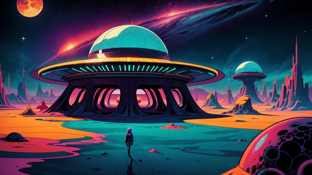 Create a dazzling alien world in the style of 1950s-70s comic book art. Use bold outlines, halftone patterns, and exaggerated perspective. Employ intense, saturated colors reminiscent of vintage four-color printing. Choose ONE of these elements:
-A gleaming futuristic city with impossible architecture and flying vehicles
-Bizarre, tentacled monsters with multiple eyes and otherworldly appendages
-A desolate, crater-filled landscape with twin moons in the sky
-Retro space girls in sleek silver suits and bubble helmets
-A massive, ring-shaped space station orbiting a technicolor planet
-Crystal formations and alien plant life in neon hues
Maintain a psychedelic, otherworldly atmosphere with swirling, colorful skies and strange celestial bodies. Emphasize the contrast between light and shadow to create a dramatic, pulp sci-fi feel.