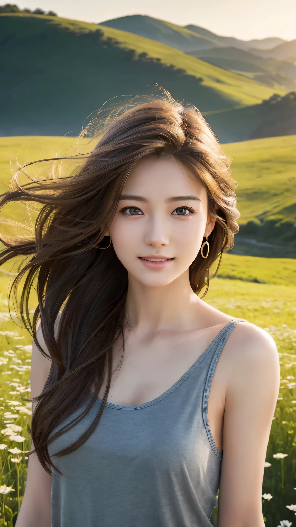 highest quality、genuine、Super detailed、finely、High resolution、8k wallpaper、one beautiful woman、、、light brown disheveled hair、wearing a tank top、sharp focus、perfect dynamic composition、beautiful and detailed eyes、thin hair、Detailed genuine skin texture、smile、model body shape、In a windswept meadow