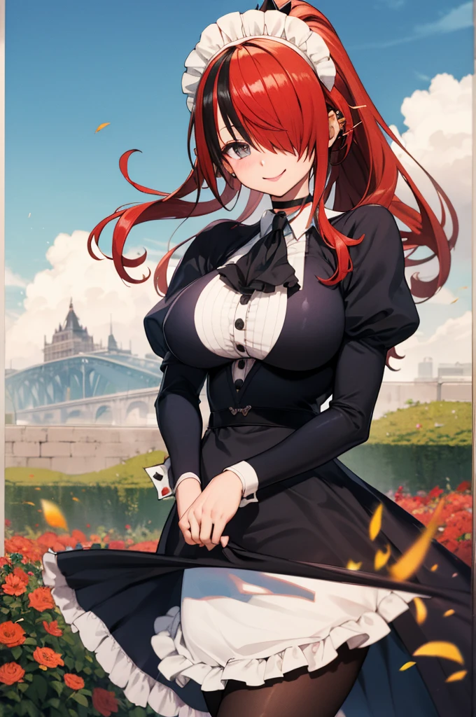 masterpiece, best quality, highres, hmlain, long hair, ponytail, streaked hair, hair over one eye, maid headdress, ear piercing, large breasts, black choker, frills, maid, black ascot, black dress, long sleeves, puffy sleeves, white apron, maid apron, black pantyhose, garden, smile