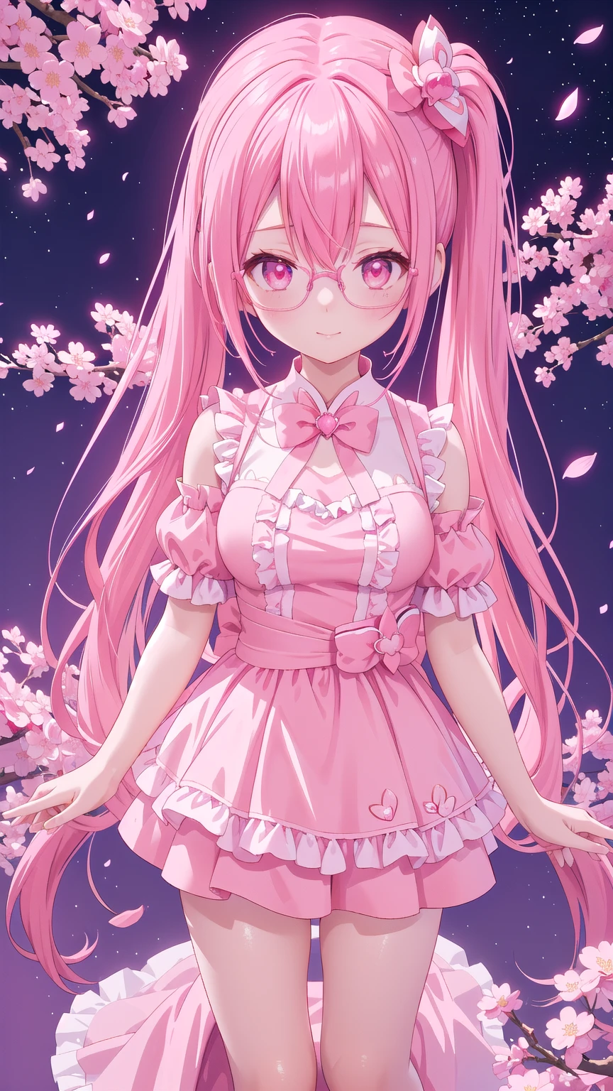 anime girl with pink hair and glasses in a red dress, anime moe artstyle, pink twintail hair and cyan eyes, my dress up darling anime, , made with anime painter studio, 8k!!, sakura petals around her, anime styled 3d, sakura kinomoto, gapmoe yandere, stylized anime, anime stylized