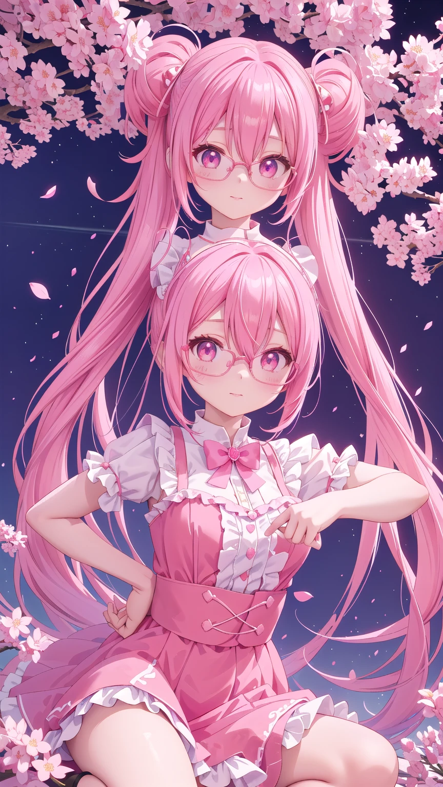 anime girl with pink hair and glasses in a red dress, anime moe artstyle, pink twintail hair and cyan eyes, my dress up darling anime, , made with anime painter studio, 8k!!, sakura petals around her, anime styled 3d, sakura kinomoto, gapmoe yandere, stylized anime, anime stylized