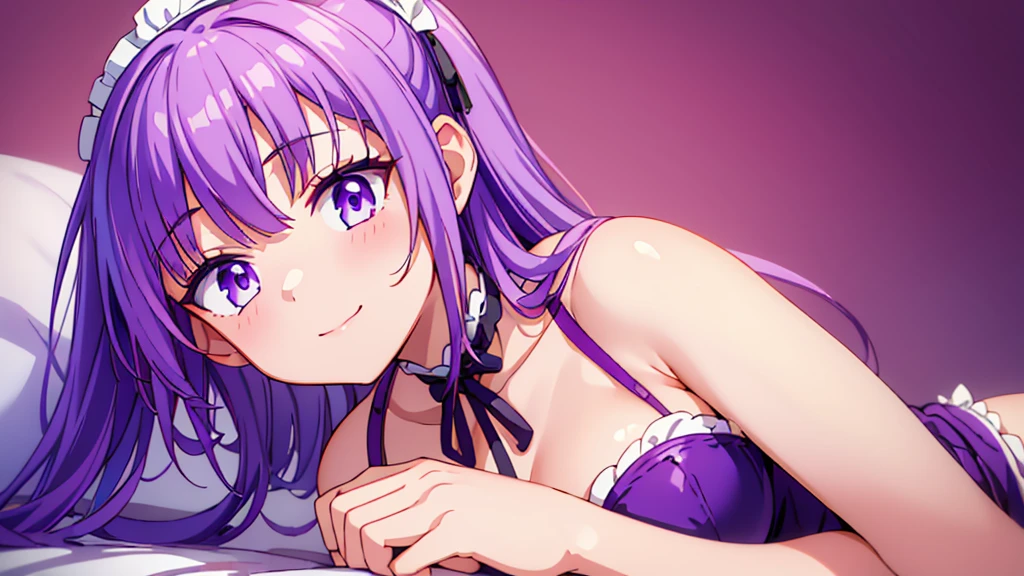 1girl, purple hair, purple eyes, light smile, wearing maid costume, close portrait, close, high res, ultrasharp, 8K, masterpiece, looking at viewer, only face and shoulder in frame, hands not in frame, varying delicate poses, in light pink bed, bedroom background ,