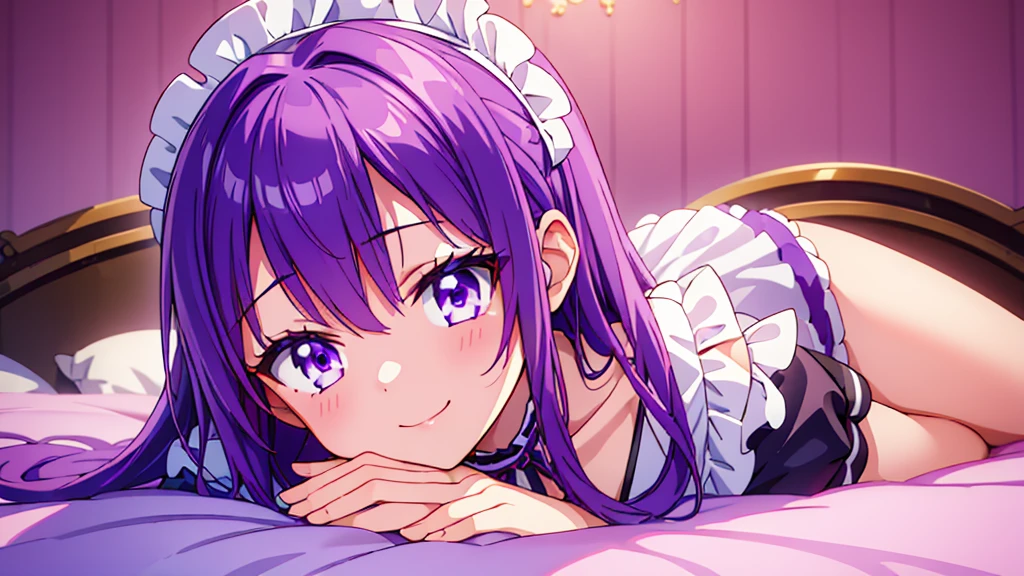 1girl, purple hair, purple eyes, light smile, wearing maid costume, close portrait, close, high res, ultrasharp, 8K, masterpiece, looking at viewer, only face and shoulder in frame, hands not in frame, varying delicate poses, in light pink bed, bedroom background ,