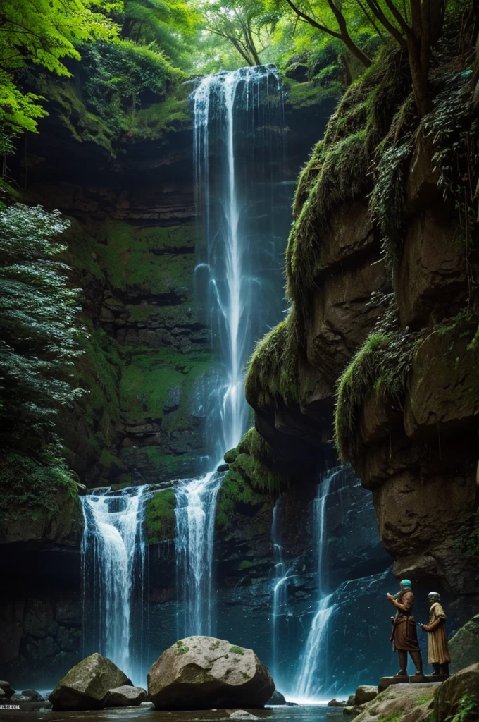 An ancient waterfall and around you can see old statues of demon hunters
