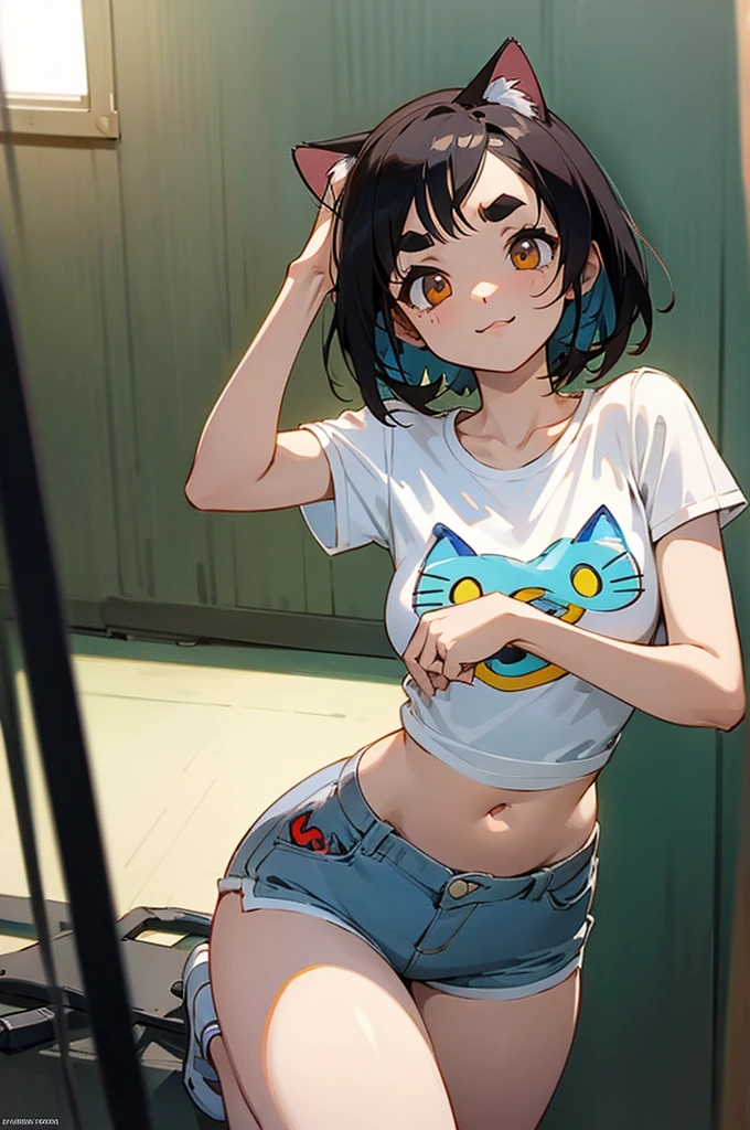 anime style,artistic, masterpiece,best quality,ssuper detailed,super fine illustration, highly detailed, dynamic angle, beautiful detailed, 8k,detailed background, On a summer afternoon, in a recording music studio, BREAK a female musician is singing  . She is wearing a white T-shirt with a graffiti art-style cat illustration.Break very short hair,flat chest,black  hair,red-eyes,(full-face brasched:1.3),perfect hands,perfect fingers,Tsurime,(thick eyebrows:1.3),Break holding microphone,put on headset,pov,from front,smile,perfect legs,cool,cat years,cat pose,(LoRA:0.7)