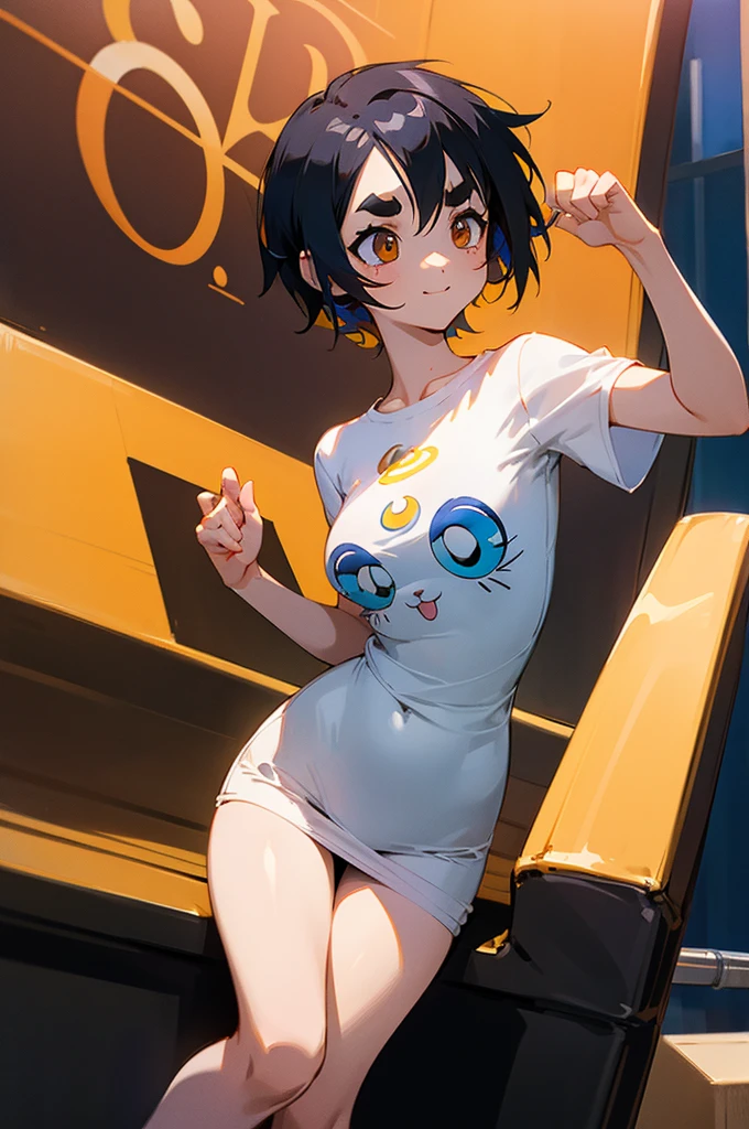 anime style,artistic, masterpiece,best quality,ssuper detailed,super fine illustration, highly detailed, dynamic angle, beautiful detailed, 8k,detailed background, On a summer afternoon, in a recording music studio, BREAK a female musician is singing  . She is wearing a white T-shirt with a graffiti art-style cat illustration.Break very short hair,flat chest,black  hair,red-eyes,(full-face brasched:1.3),perfect hands,perfect fingers,Tsurime,(thick eyebrows:1.3),Break holding microphone,put on headset,pov,from front,smile,perfect legs,cool,cat years,cat pose,(LoRA:0.7)