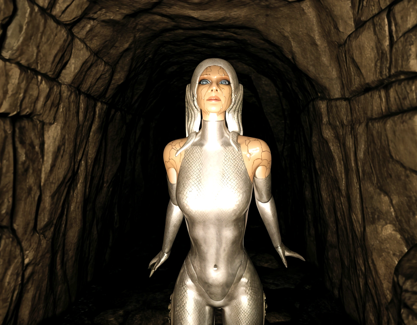 there is a woman in a wet suit standing in a tunnel, hot reptile humanoid woman, in an ancient tomb, humanoid woman, snake woman hybrid, in an ancient vault, epic 3 d oshun, in dark cave, in a cave, unreal engine render + a goddess, female humanoid creature, 3 d goddess minerva, alien woman