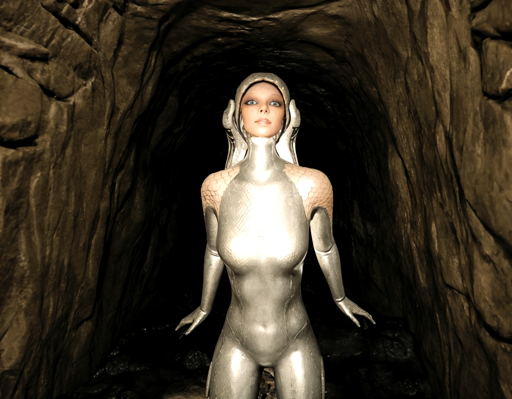 there is a woman in a wet suit standing in a tunnel, hot reptile humanoid woman, in an ancient tomb, humanoid woman, snake woman hybrid, in an ancient vault, epic 3 d oshun, in dark cave, in a cave, unreal engine render + a goddess, female humanoid creature, 3 d goddess minerva, alien woman