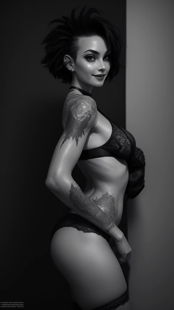 tattoos, piercing, gothic, wicked, pale skin, pale girl, body like girl next door, (short-cut:1.2) mohawk-style hair, slender detailed body, sexy, nsfw, erotic, 32K, high detailed, realist, best quality, good anatomy, villain_racer, OverallDetail, smile, small breast, black lace panties, color light and shadow, big ass, shiny skin, bed