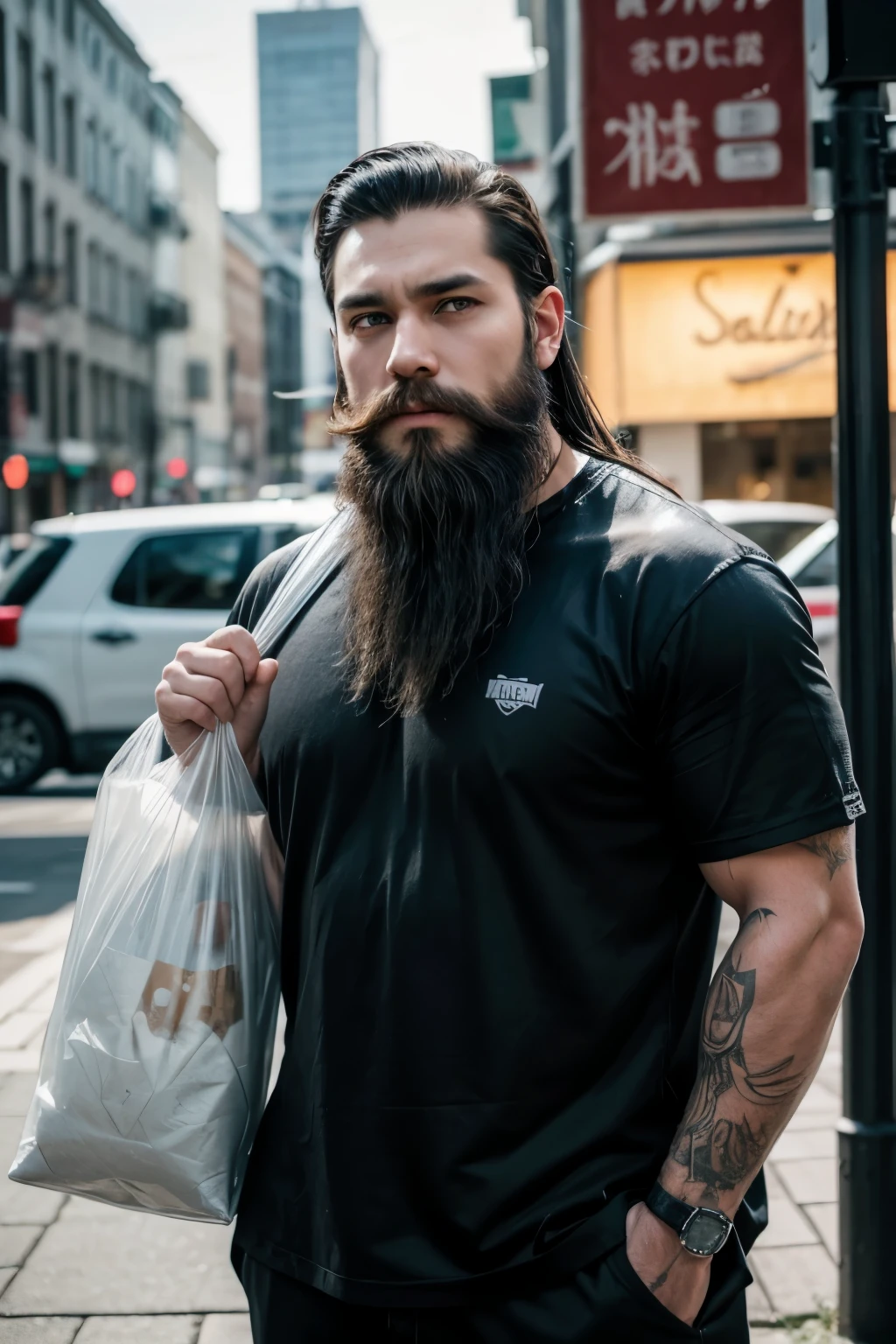 Man with black Viking style beard, without mustache, with a plastic bag in hand