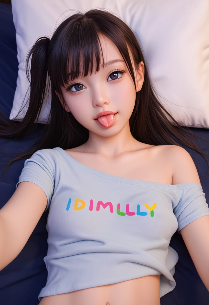 ollarbone,pastel colors t-shirt,off-shoulder look,bare shoulder,midriff peek,string panties,open mouth,(tongue out:2),lying,Selfie,looking ahead,from above,front view,upper body,(1girl,Beautiful 14 year old girl),((Slender,Small breasts,Small face,)),(looking at viewer),Black Hair,bangs,one side up,Beautiful and detailed,(Dimly lit room:1.5),Simple Background,bed,pillow,best quality,Brilliant Quality