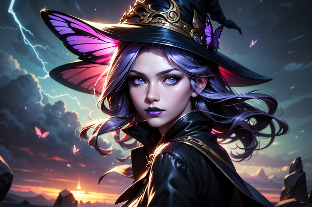 In the middle of so the storm on the stone field stand beatiful witch, she have a beautiful face with blue eyes shining purple lipstick and purple eye shadows, she have long blue hair with purple highlights, she dressed in black long coat short skirt high heels shoes and witch hat on her head , there is lighning butterflys fly all around her, (ultra high quality fantasy art, anime fantasy style, masterpiece, ultra high quality character design, 8k quality anime art, realistic anime art, top quality wallpaper illustration, detailed ultra high quality accurate face, high quality design and accurate physic)