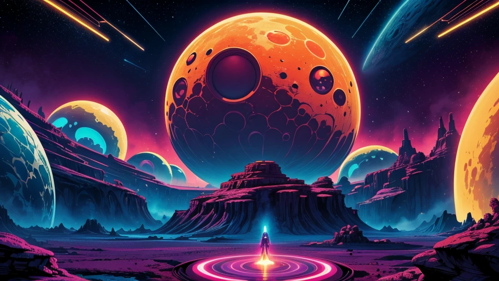 Create a dazzling alien world in the style of 1950s-70s comic book art. Use bold outlines, halftone patterns, and exaggerated perspective. Employ intense, saturated colors reminiscent of vintage four-color printing. Choose ONE of these elements:
-A gleaming futuristic city with impossible architecture and flying vehicles
-Bizarre, tentacled monsters with multiple eyes and otherworldly appendages
-A desolate, crater-filled landscape with twin moons in the sky
-Retro space girls in sleek silver suits and bubble helmets
-A massive, ring-shaped space station orbiting a technicolor planet
-Crystal formations and alien plant life in neon hues
Maintain a psychedelic, otherworldly atmosphere with swirling, colorful skies and strange celestial bodies. Emphasize the contrast between light and shadow to create a dramatic, pulp sci-fi feel.