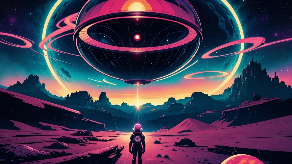 Create a dazzling alien world in the style of 1950s-70s comic book art. Use bold outlines, halftone patterns, and exaggerated perspective. Employ intense, saturated colors reminiscent of vintage four-color printing. Choose ONE of these elements:
-A gleaming futuristic city with impossible architecture and flying vehicles
-Bizarre, tentacled monsters with multiple eyes and otherworldly appendages
-A desolate, crater-filled landscape with twin moons in the sky
-Retro space girls in sleek silver suits and bubble helmets
-A massive, ring-shaped space station orbiting a technicolor planet
-Crystal formations and alien plant life in neon hues
Maintain a psychedelic, otherworldly atmosphere with swirling, colorful skies and strange celestial bodies. Emphasize the contrast between light and shadow to create a dramatic, pulp sci-fi feel.